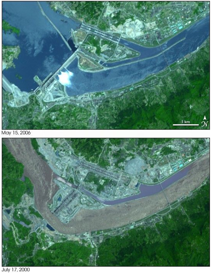 he Three Gorges Dam. NASA image created by Jesse Allen, Earth Observatory, using ASTER data made available by NASA/GSFC/MITI/ERSDAC/JAROS, and U.S./Japan ASTER Science Team.