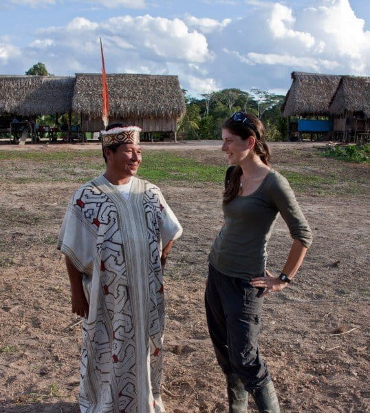 Dablin converses with a local man from the Santa Teresa community, Las Piedras in Madre de Dios, Peru. Photo by Matt Champoux.