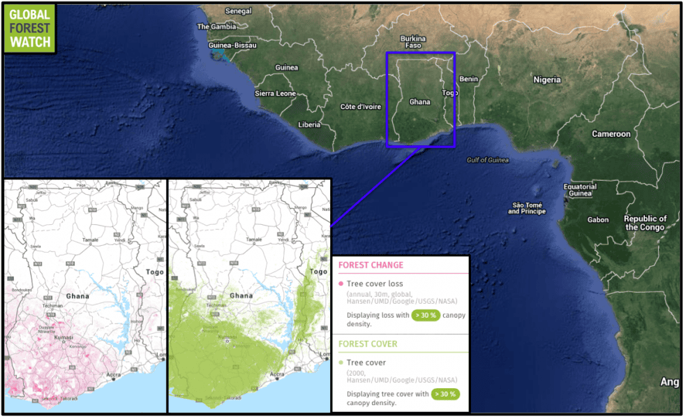 Global Forest Watch shows most of Ghana's logging - which stripped nearly 9 percent of its dense tree cover in 14 years - is occurring primarily in the country's south. This also happens to be where most of Ghana's forest still exists.