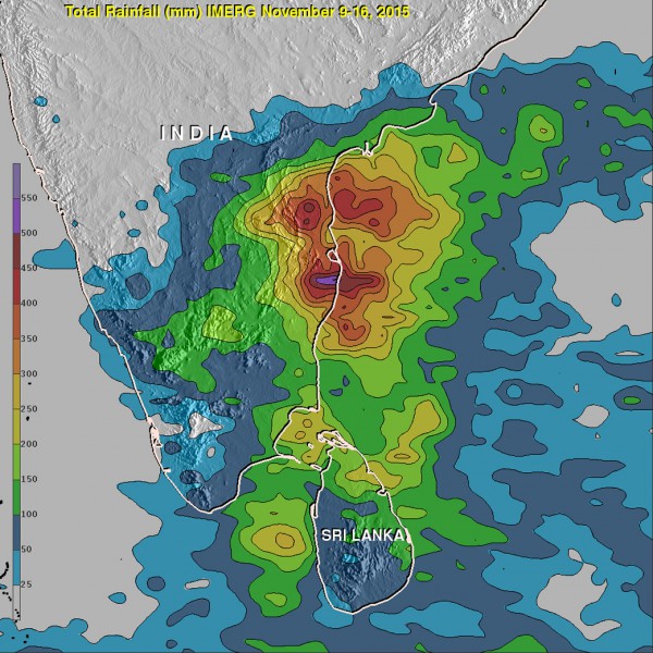 An analysis of rainfall data from Nov. 9 to 16, 2015 showed up to 550 mm (21.7 inches) of rain drenched India's southeastern coast in the state of Tamil Nadu. Over 200 mm (7.9 inches) fell in large areas of southeastern India and northern Sri Lanka. Credits: NASA/JAXA/Hal Pierce