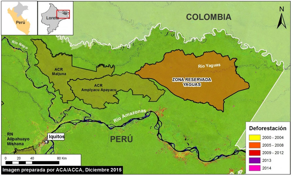 Yaguas Reserved Zone. Data: USGS, SERNANP, PNCB/MINAM, Hansen/UMD/Google/USGS/NASA. Courtesy of MAAP.