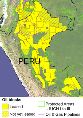 Oil and gas blocks in the western Amazon. Solid yellow indicates blocks already leased out to companies. Hashed yellow indicates proposed blocks or blocks still in the negotiation phase. Protected areas shown are those considered strictly protected by the IUCN (categories I to III). Image modified from Finer M, Jenkins CN, Pimm SL, Keane B, Ross C, 2008 Oil and Gas Projects in the Western Amazon: Threats to Wilderness, Biodiversity, and Indigenous Peoples. PLoS ONE 3(8): e2932. doi:10.1371/journal.pone.0002932
