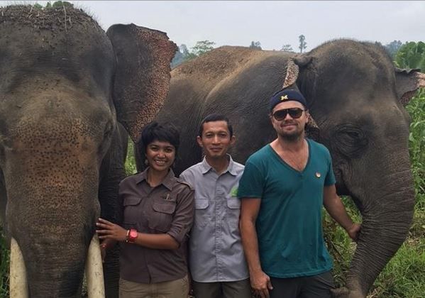 Leonardo DiCaprio, right, posted this photo on his Instagram page after his visit to Leuser last weekend. Farwiza Farhan, left, chairs Forest, Nature and Environment Aceh (HAkA), an NGO, and Rudi Putra, center, is a biologist who received the prestigious Goldman Prize in 2014.