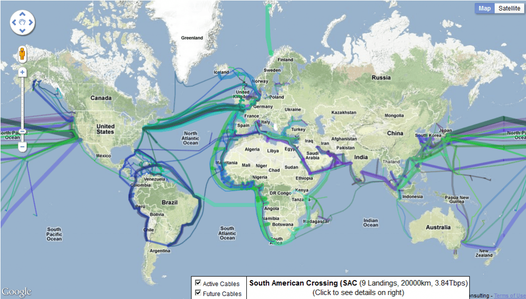 Map of submarine internet cables around the world. Image courtesy of Google