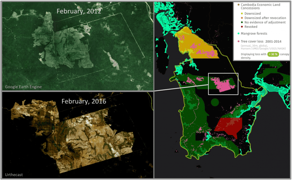 Economic Land Concessions (ELCs) occupy a large portion of Botum Sakor National Park, and many show significant tree cover loss over the past decade. A particularly large area of recent deforestation is sited in a cassava concession in the middle of the park. 