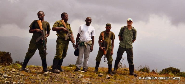 WCS Andrew Kirkby and Guillain Mitamba with ICCN rangers. Photo courtesy of Andrew Kirkby / WCS.