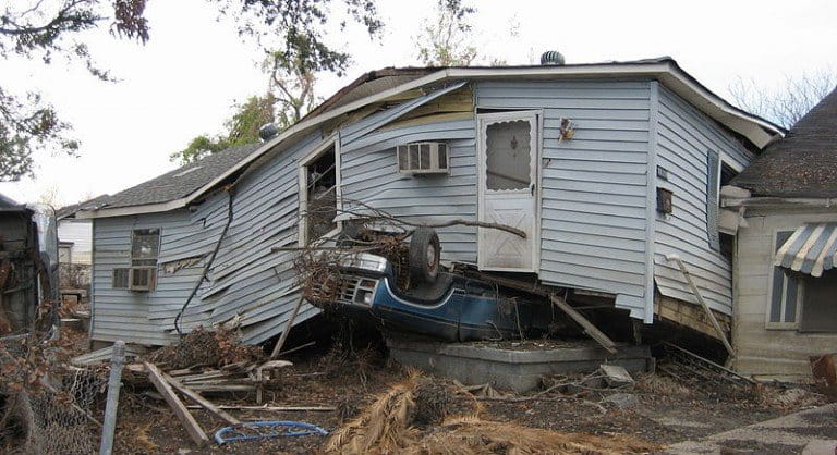 Hurricane Katrina damage to New Orleans 9th Ward. The just released USGCRP report notes that the poor will be especially impacted by climate change, with one effect being mental health problems such as trauma, anxiety and depression due to extreme weather events. Photo courtesy of Infrogmation of New Orleans GNU Free Documentation License, Version 1.2 