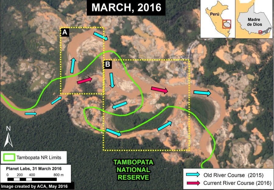 Satellite image from March 2016 showing original and new flow directions of the Malinowski River (and bank degradation from mining). Image courtesy of MAAP.