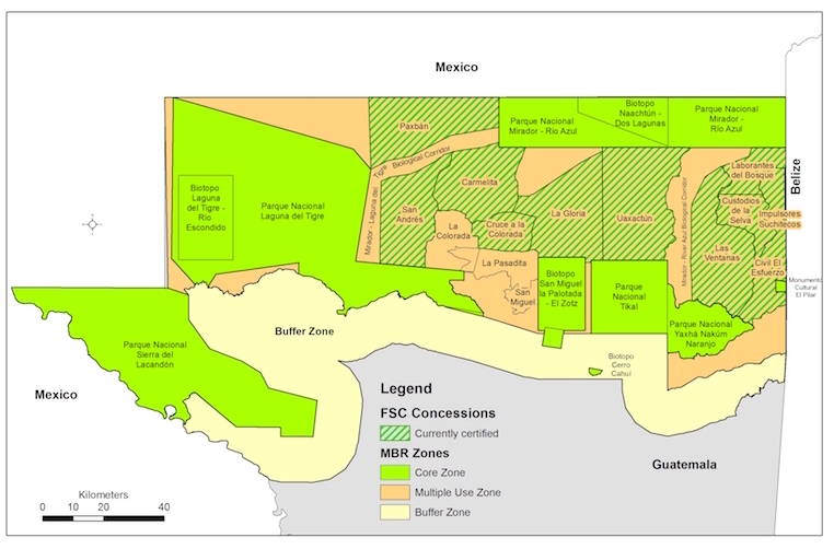 A map shows active community forest concessions certified by the Forest Stewardship Council (FSC), three failed community forest concessions, and other land-use zones in Guatemala's Maya Biosphere Reserve. Map courtesy of the Rainforest Alliance.