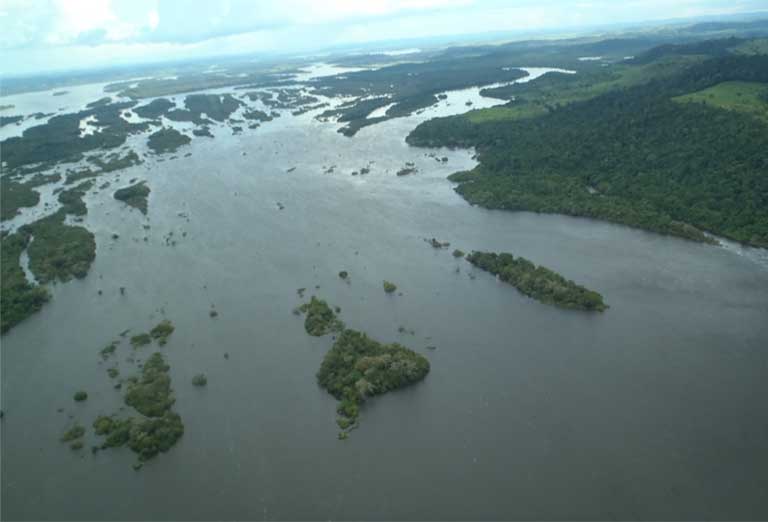 The Big Bend of the Xingu River, which will suffer a dramatic reduction in flow due to the Belo Monte dam. Endemic fish species are directly at risk, and exposure of the riverbed will make it possible for a 1,305 square kilometre (504 square mile) gold mine concession to be exploited here. © Philip Fearnside.