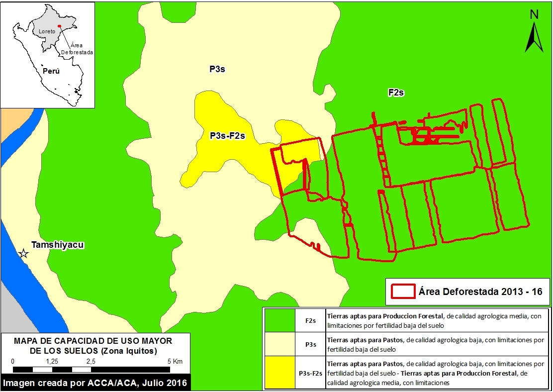 Red lines indicate areas deforested by United Cacao between 2013 and 2016. Green indicates areas with Optimum Land Use classification of Forest Production, while the yellows indicate areas with Optimum Land Use classification of Agriculture. Image courtesy of MAAP.