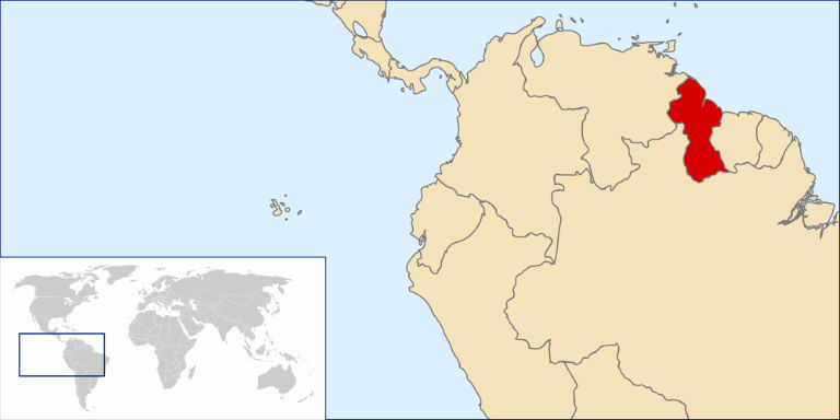 Location map of Guyana showing its position on the northeast coast of South America. Source Wikimedia Commons