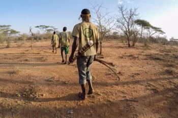 Hadzabe walinzi wa jadi, or village game scouts patrol the forests of the Yaeda Valley. Their job is to patrol protected forests and report any deforestation, poaching or creation of settlements to local authorities. Their salary is paid by Carbon Tanzania from revenue made from carbon sales. Photo by Sophie Tremblay for Mongabay.