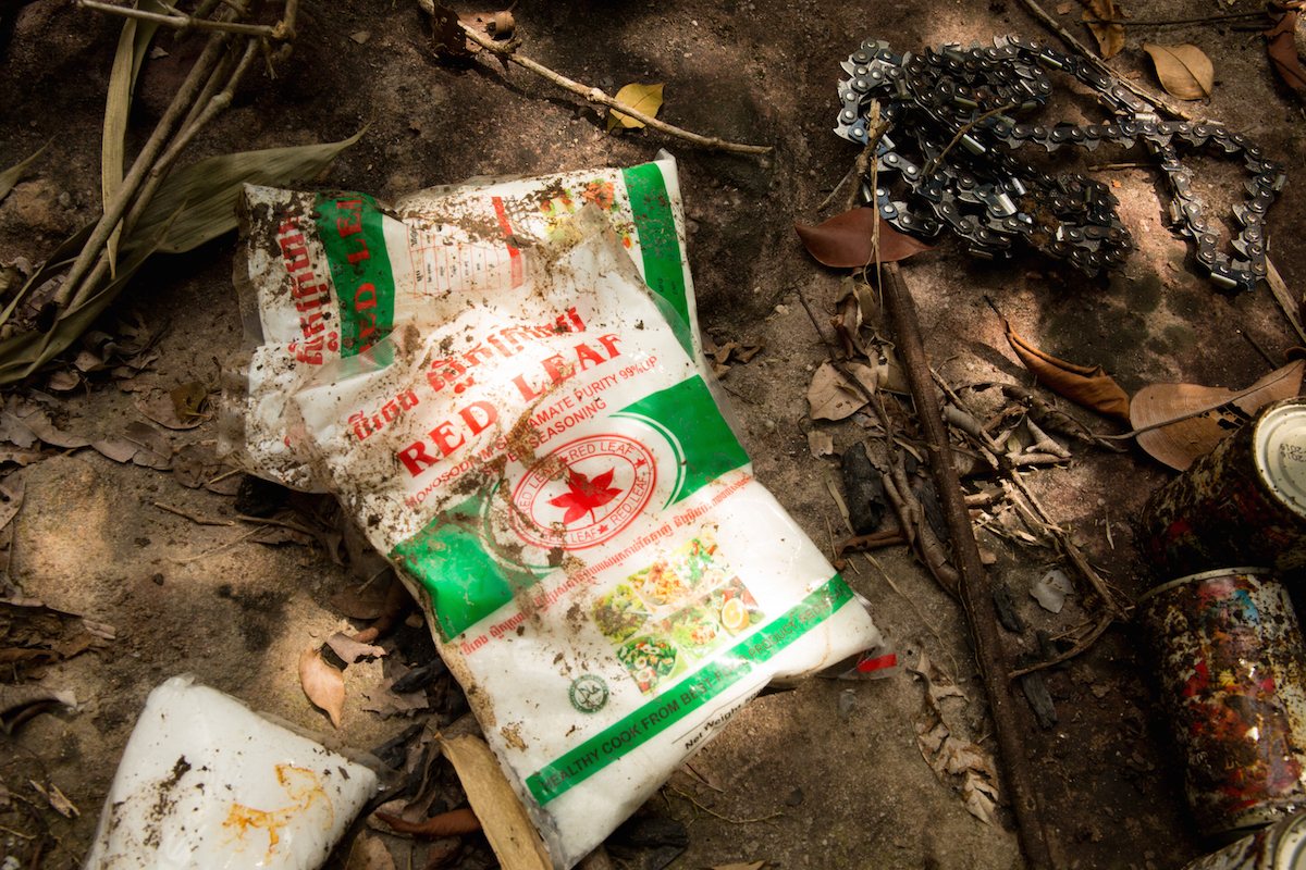 Cambodian language on packets of monosodium glutamate abandoned in Thap Lan forest highlights the international nature of the illegal trade in Siamese rosewood. Photo by Demelza Stokes. 