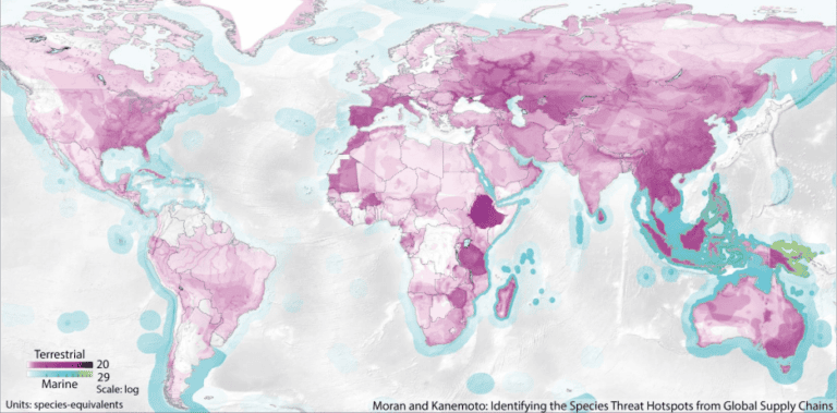 Global species threat hotspots linked to consumption in the Japan. Map by Moran and Kanemoto, Nature, Ecology & Evolution (2016). 