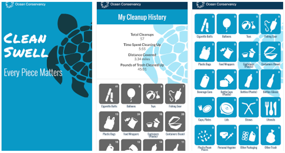 Sample screens of the Clean Swell app show categories of trash and amounts collected of each by an active volunteer. 