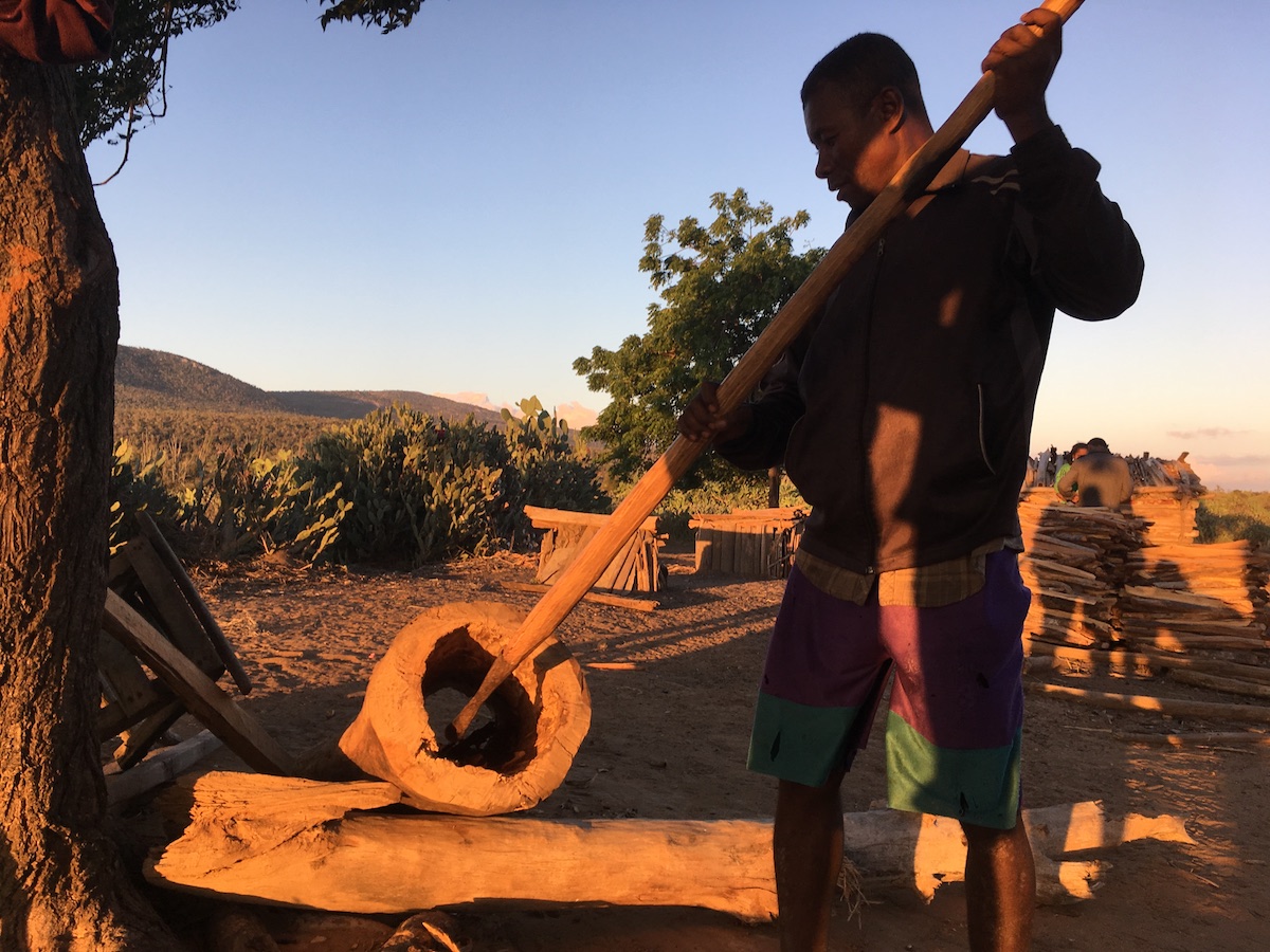 A man makes a beehive in the village of Ranomainty, just outside Ankodida protected area. Photo by Rowan Moore Gerety for Mongabay.