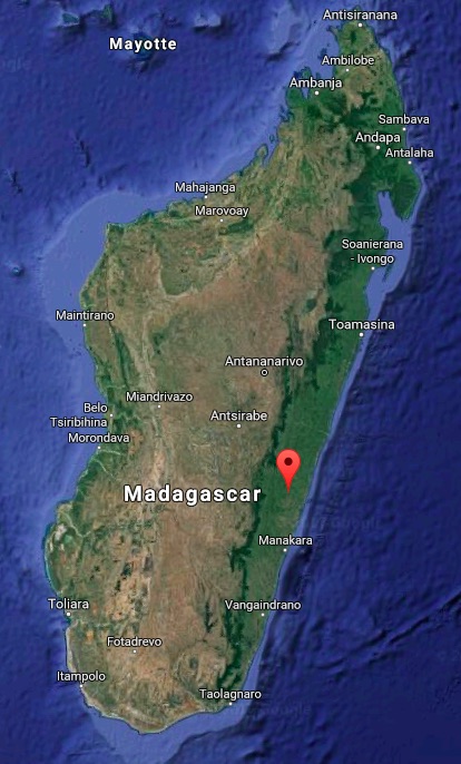 Map shows the location of Vohilava, Madagascar, Raleva's village. Map courtesy of Google Maps. 