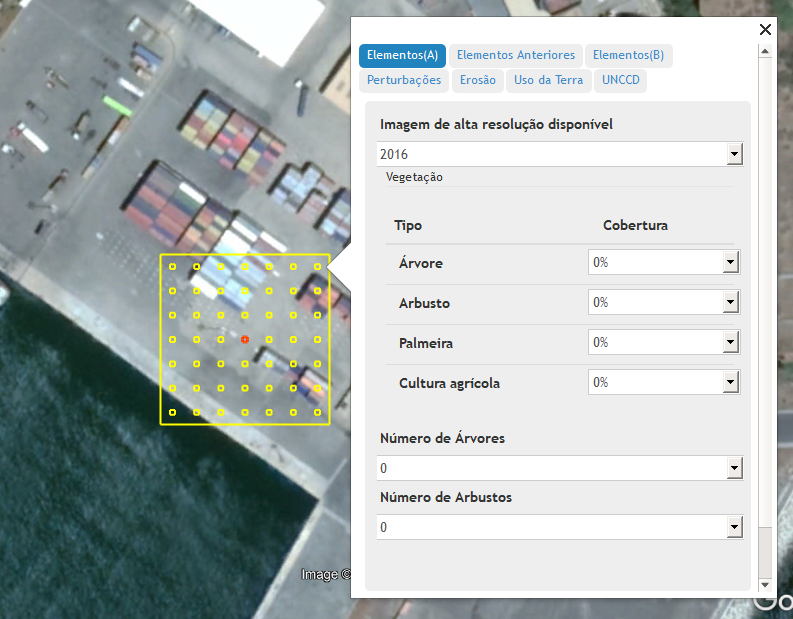 A high-resolution image in Collect Earth with a sampling plot and a data entry form customized for a particular project. 