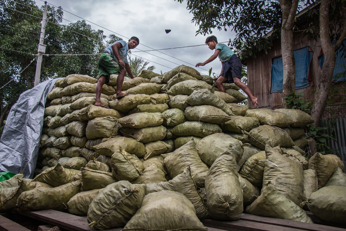 Charcoal bags from Myanmar bound for China. Photo by Nathan Siegel for Mongabay.