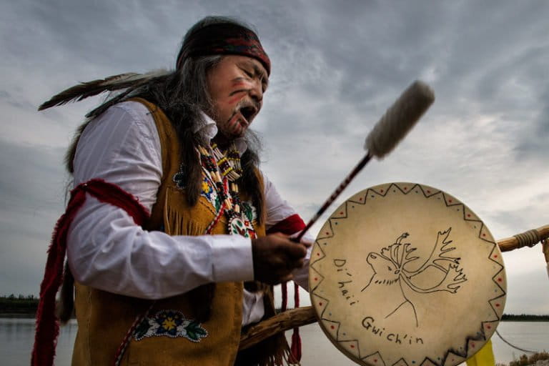 First Nations elder beats traditional native drum