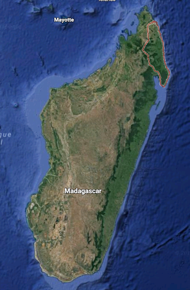 Madagascar, with Sava region outlined in red. Map courtesy of Google Maps.