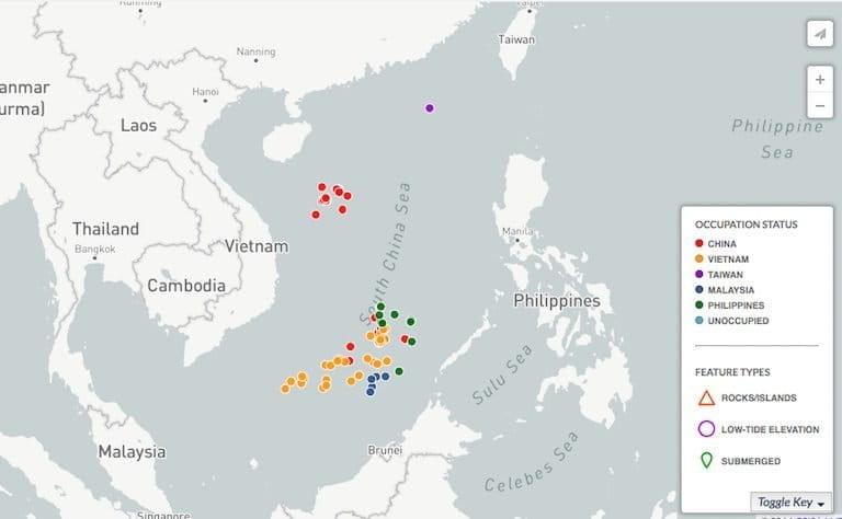 Map shows South China Sea, including occupied islands by country. (Unoccupied islands not shown.) Map courtesy of CSIS Asia Maritime Transparency Initiative.