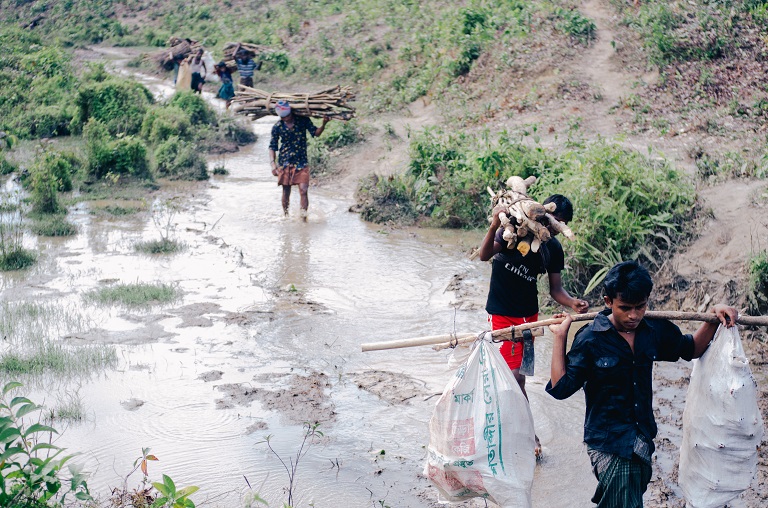 Rohingya men wade through water after heavy rains while returning from collecting firewood. Photo by Kaamil Ahmed/Mongabay.