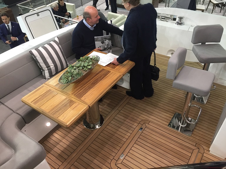 Teak decking on a luxury yacht at the London Boat Show, January 2018. Photo by Sophie Cohen/Mongabay.