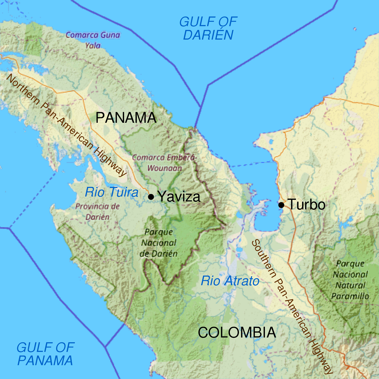 Map of the Darién Gap and the break in the Pan-American Highway between Yaviza, Panama and Turbo, Colombia. Map by CMG Lee and OpenStreetMap contributors.