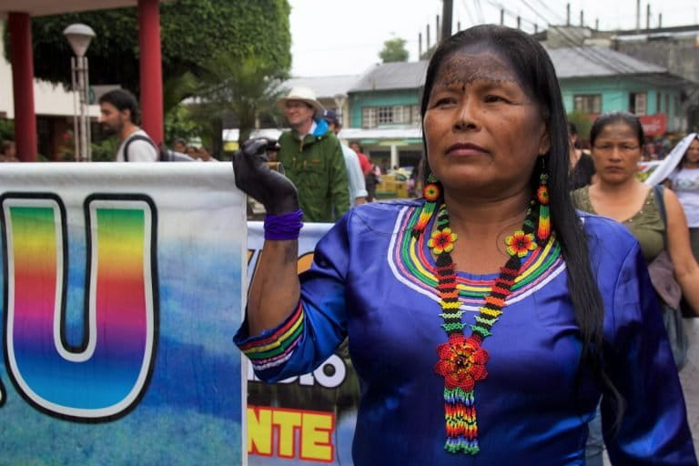 Indigenous women march in Puyo, Ecuador on March 8, 2018. Photo by Kimberley Brown/Mongabay.