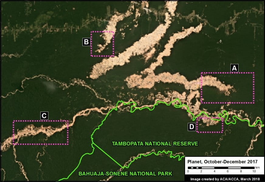 Optical image of the same area did not capture all wet-season deforestation as well as the radar image. Each technology has advantages; freely available data allows monitoring teams to integrate findings from the two systems. 