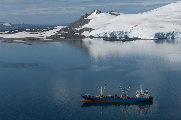 The Iris Reefer, a vessel that takes on catch from fishing vessels and supplies them with fuel, at anchor in Discovery Bay, in the Antarctic. Photo by Daniel Beltrá/Greenpeace.