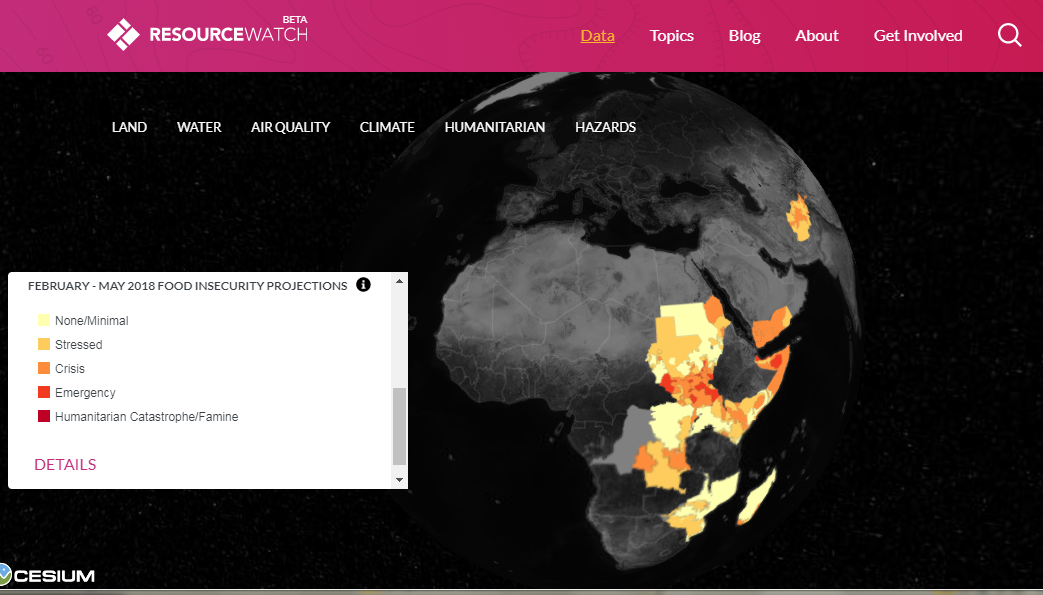 A Resource Watch map of areas projected to experience food insecurity between February and May 2018. This data set combines satellite imagery with regional market dynamics and opinions of food security experts. Other data sets come from governments and research institutions or are based on field data collection. 