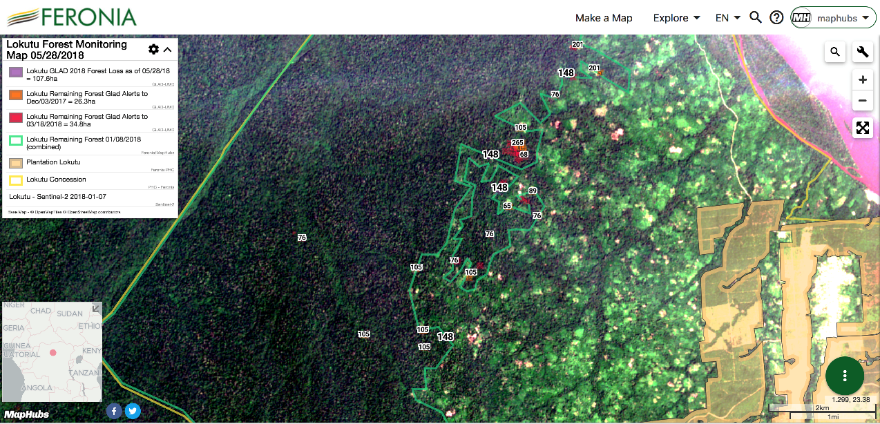 A screenshot of an interactive map of Feronia’s Lokutu concession showing GLAD 30-meter forest loss alerts and vector polygon data, including the concession boundary, overlaid on a Sentinel satellite base image. 