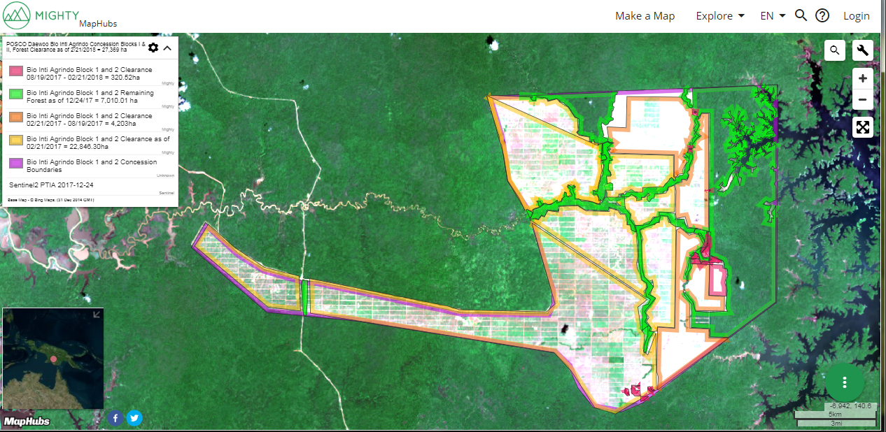 A MapHubs forest dashboard of one of POSCO Daewoo’s oil palm concessions in Indonesia showing a map and associated calculations of loss of tree cover and of intact forest landscapes (IFL). 