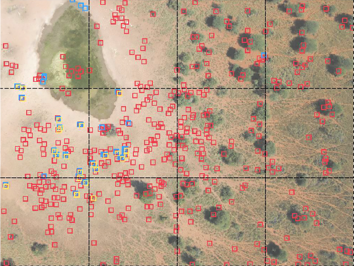 Prediction results on a test set image. Both models were set to yield 90% recall on the test set. The CNN (blue) manages to produce far less false alarms compared to the baseline (red). Ground truth locations are shown in yellow. 