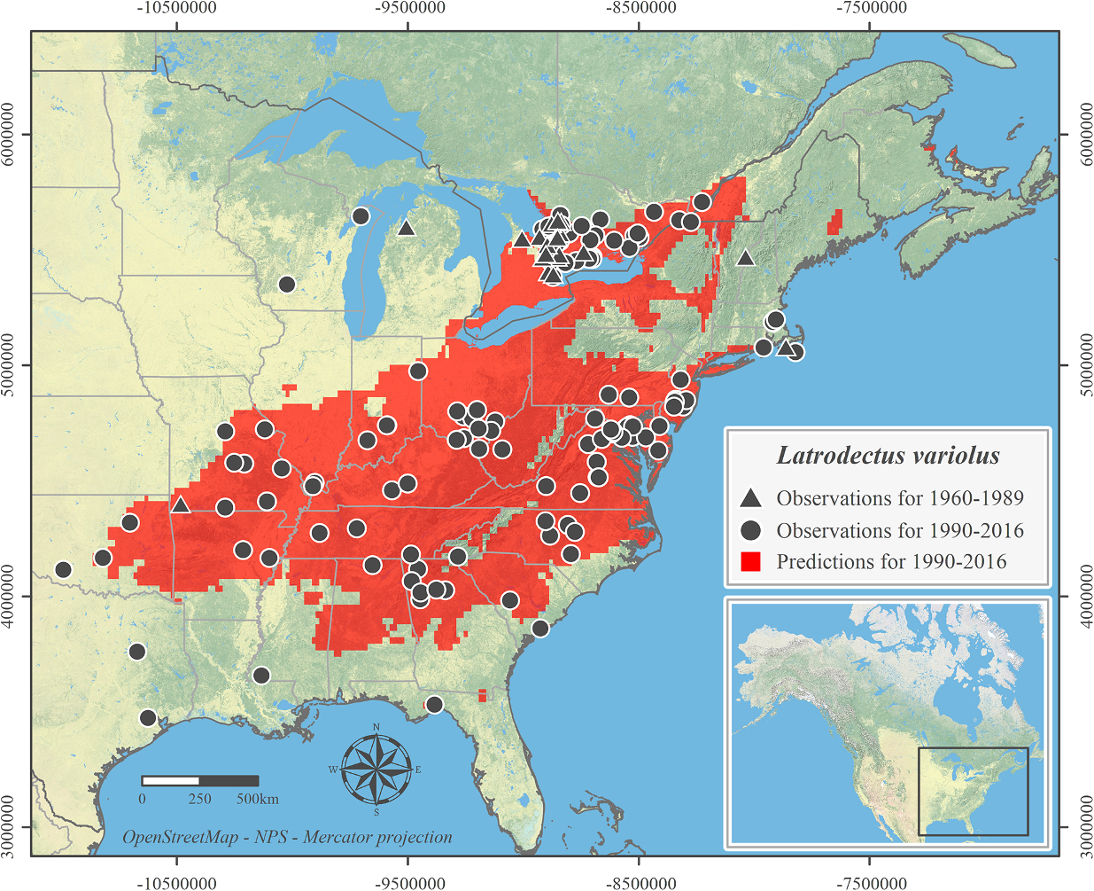 Map of predicted current distribution, based on climatic suitability, of the northern black widow spider in North America. The observation records are shown for both 1960–1989 and 1990–2015, but too few exist for the early period to generate a predicted distribution. This, say researchers, supports the need for more species location data. Map is Figure 1 from Wang et al (2018).