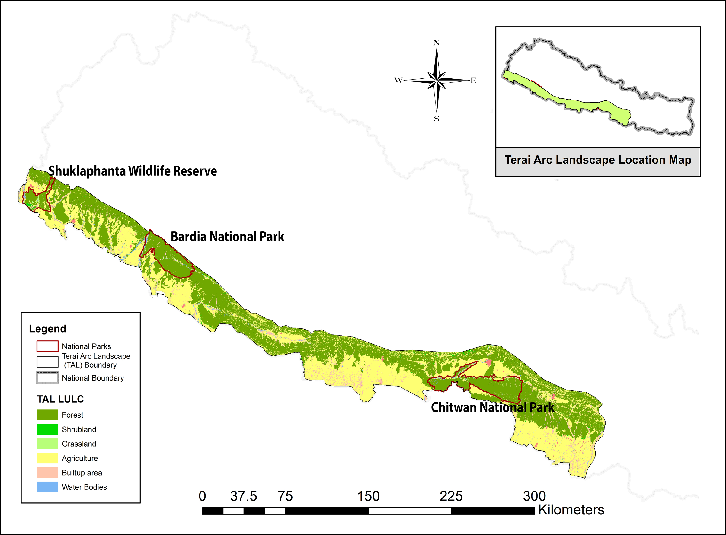 Nepal's Terai Arc lowlands, bordering India, and the national parks where scientists collected tiger scat to build the DNA reference database. 