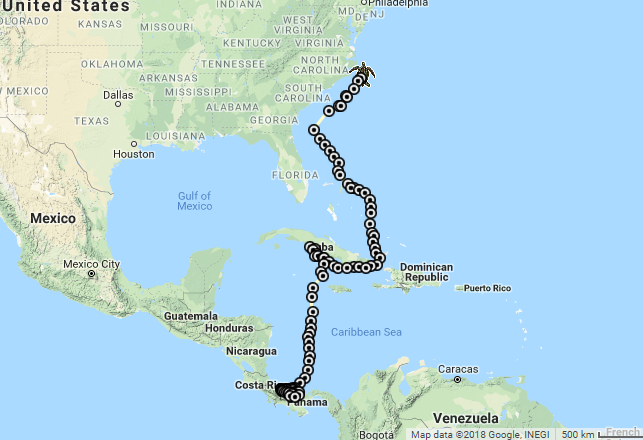 Lucaya the leatherback's current route from her nesting grounds in Panama across the Caribbean Sea, and north along the Eastern Seaboard of the U.S. 