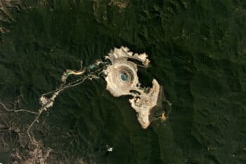 Planet satellite image of the open pit copper-gold mine on Sumbawa.