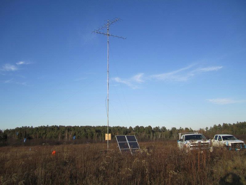 A Motus receiving station tower to monitor movements of American woodcock at the Moosehorn National Wildlife Refuge in Maine. Receivers can also be attached to an existing structure, though they have better range in open areas with clear line-of-sight.