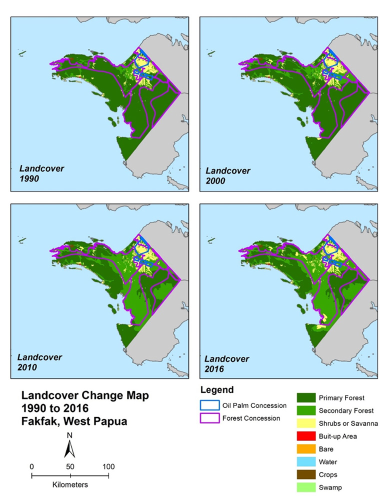 Figure 2: Landcover change in Fakfak District from 1990 to 2016, showing the large area of secondary forest in forest concessions, created by logging operations.