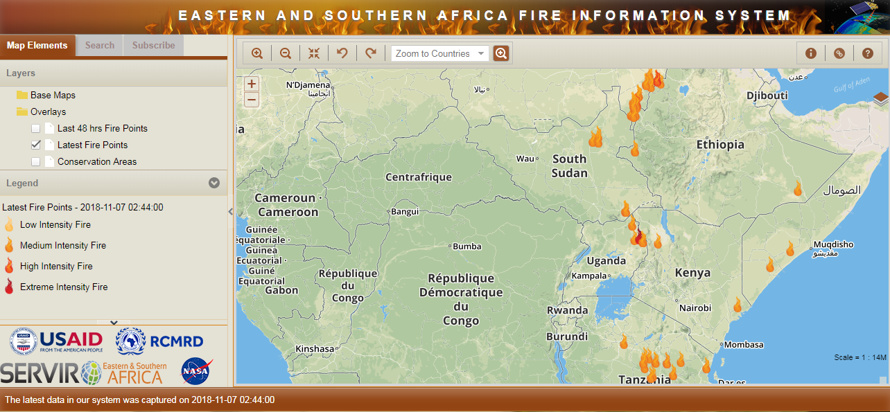 Screenshot of the ESAFIS home page map with icons designating fire hotspots across eastern Africa. 