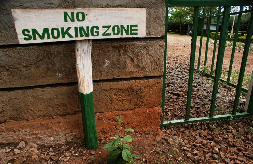  no smoking sign at the ecosystem conservation offices in Nyeri central Kenya warns a visitor that the threat of fire outbreaks is real. The office serves as a deployment base to fight off fire outbreaks Aberdare Forest Reserve. 