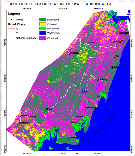 The resulting forest classification map for Kwale County, along Kenya's coast. 