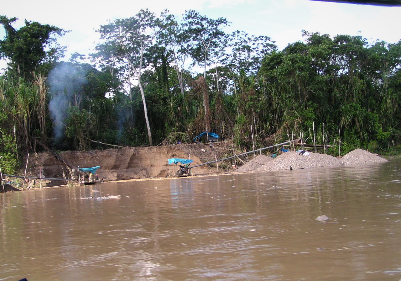 Small-scale gold mining operation along the Madre de Dios River in southeastern Peru. The miners scour the banks and bottom with high-powered water hoses, suck up the muddy mix, extract the gold from the sediment using mercury, and deposit piles of sediment along the sides of the river. The process dislodges the substrate, disturbs animals living at the bottom, releases chemicals and sediment into the water. 