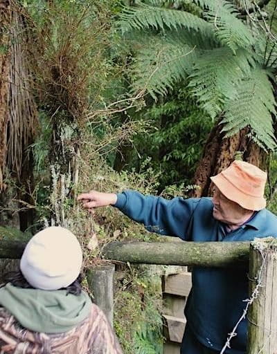 Tahae Doherty, chair of the Tūhoe Tuawhenua Trust and a forest expert, shares knowledge with a young person as part of the Te Whare o Rehua forest academy program. Image courtesy of Tūhoe Tuawhenua Trust.