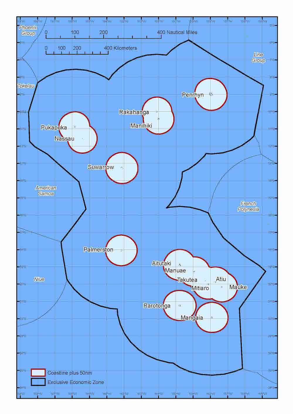 Map shows the Marae Moana mixed-use marine protected area, which covers the Cook Islands entire territorial waters, an area of almost 2 million square kilometers (772,200 square miles). Within Marae Moana are more strictly protected areas around each of the 15 islands, where commercial fishing and seabed mining are prohibited. Image courtesy of Mara Moana Coordination Office.