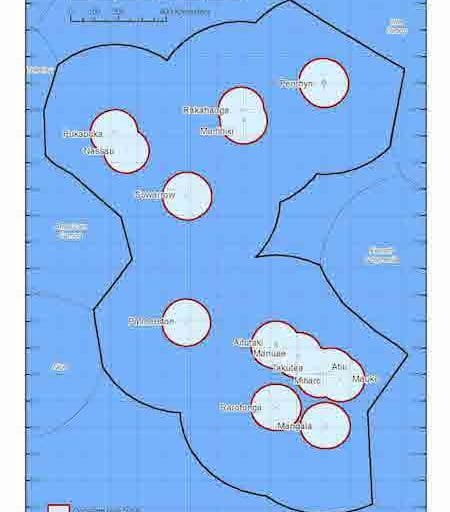 Map shows the Marae Moana mixed-use marine protected area, which covers the Cook Islands entire territorial waters, an area of almost 2 million square kilometers (772,200 square miles). Within Marae Moana are more strictly protected areas around each of the 15 islands, where commercial fishing and seabed mining are prohibited. Click here to enlarge. Image courtesy of Mara Moana Coordination Office.